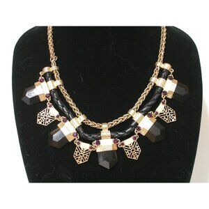 18" Gold-T Yellow/Black Lucite Amber Crystal Black Leather Chain Choker Necklace